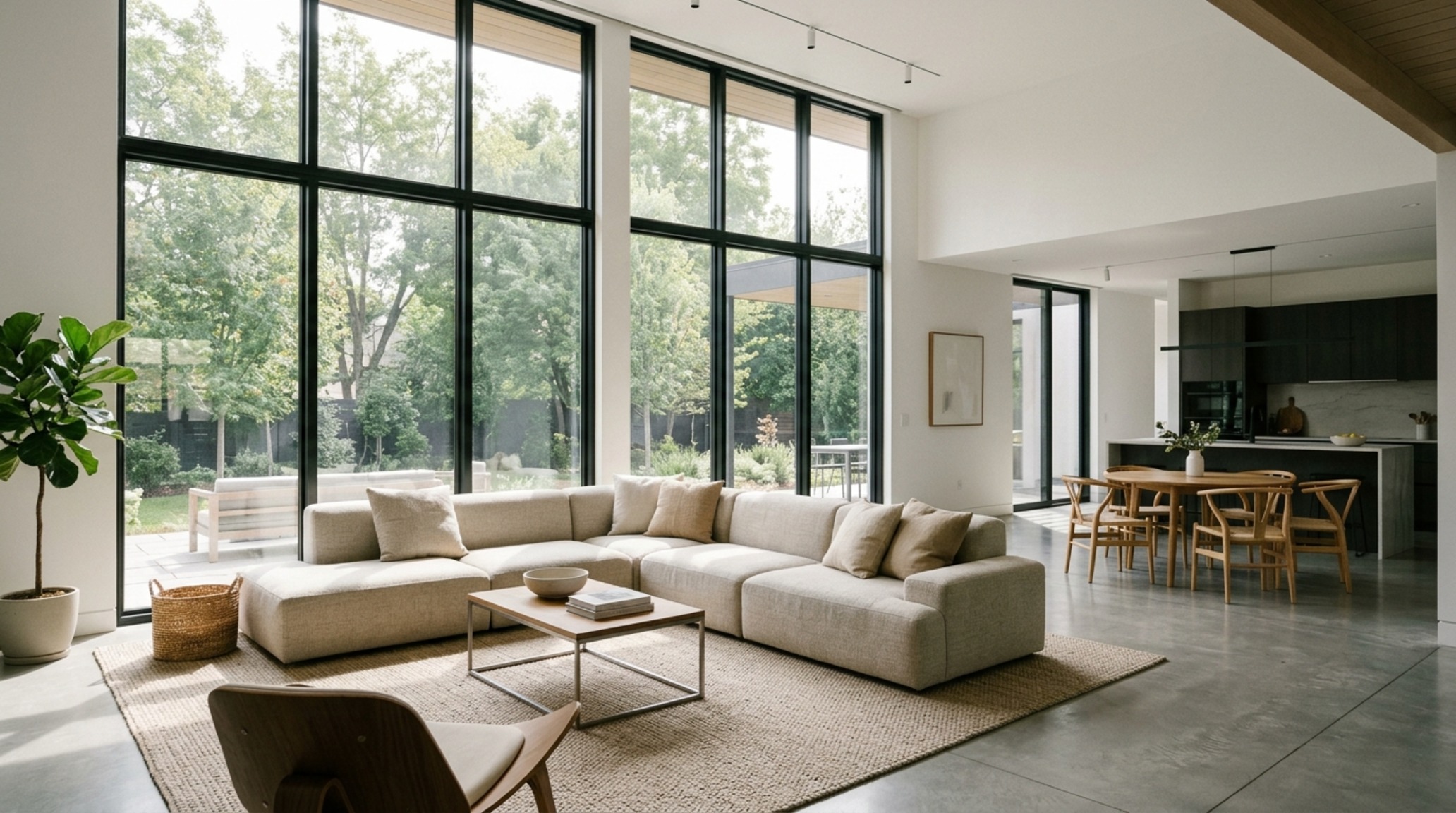 modern new interior designs ideas featuring an open-plan living room with 36-inch walkways, low-slung furniture, and large floor-to-ceiling windows for natural light modern new interior designs ideas featuring an open-plan living room with 36-inch walkways, low-slung furniture, and large floor-to-ceiling windows for natural light