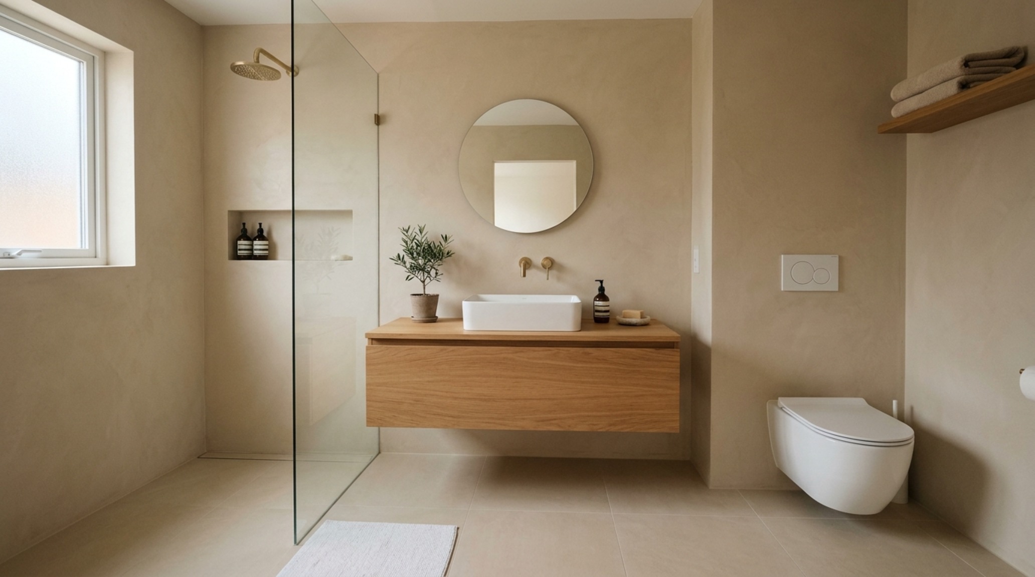 small space new interior designs showcasing a floating vanity in a minimalist bathroom with a monochromatic palette and concealed brass fixtures to maximize floor area small space new interior designs showcasing a floating vanity in a minimalist bathroom with a monochromatic palette and concealed brass fixtures to maximize floor area