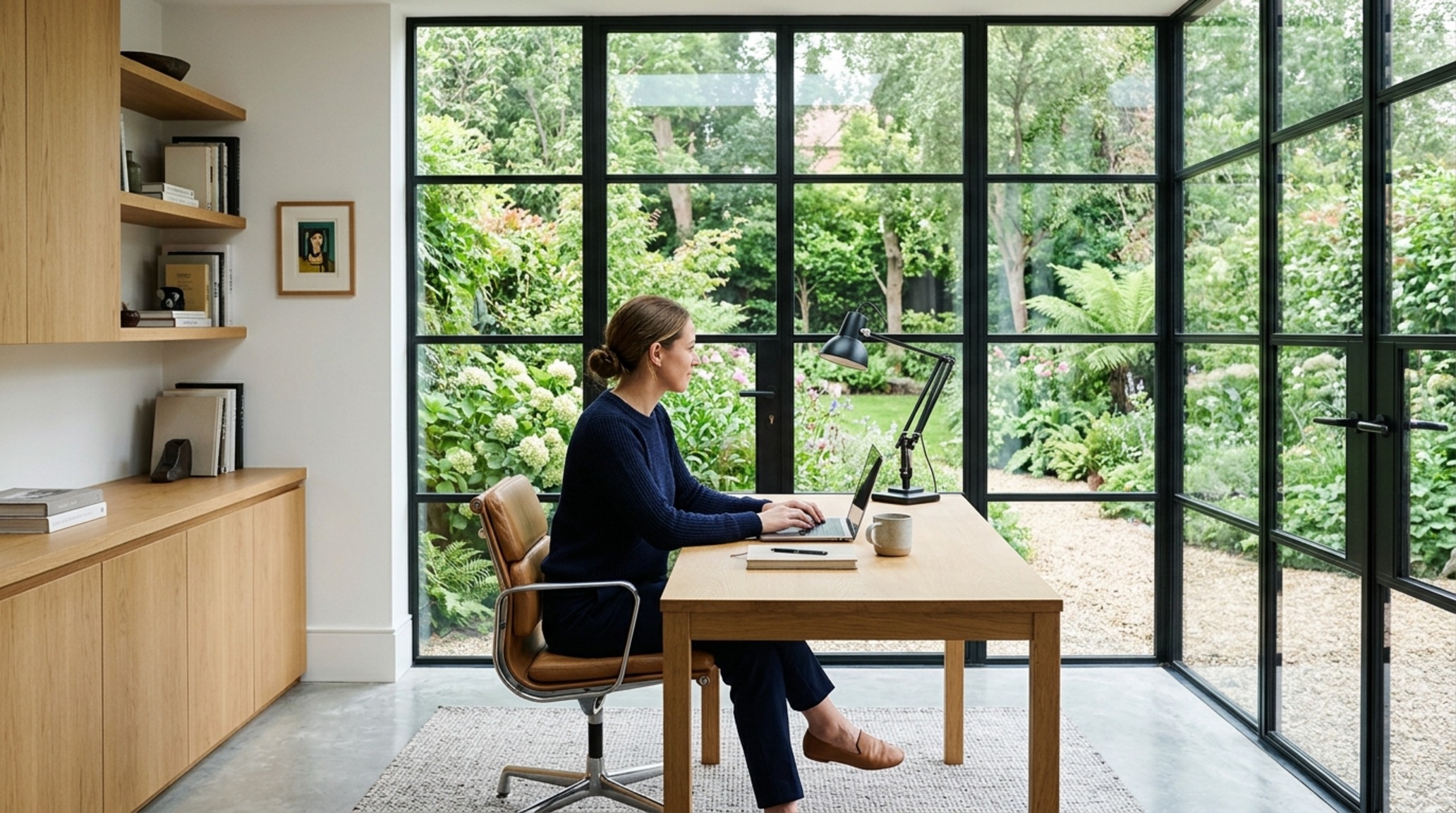 modern new interior designs ideas for a home office with a minimalist desk placed to optimize sightlines toward a garden through a large glass partition modern new interior designs ideas for a home office with a minimalist desk placed to optimize sightlines toward a garden through a large glass partition