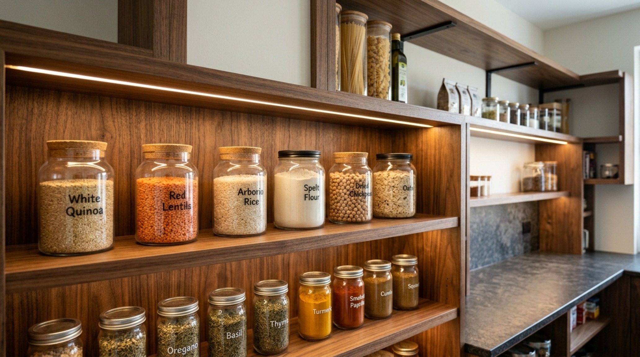 new interior designs lighting guide focused on task lighting in a high-end pantry with 3000K linear LED strips integrated into walnut shelving units new interior designs lighting guide focused on task lighting in a high-end pantry with 3000K linear LED strips integrated into walnut shelving units