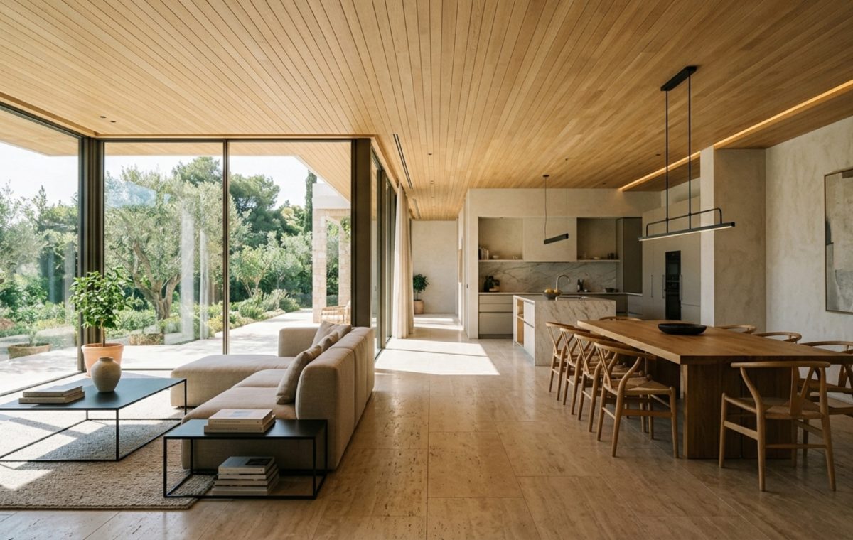 Modern open floor plan homes ideas featuring a transition from honed travertine flooring to rift-sawn white oak with floor-to-ceiling windows.