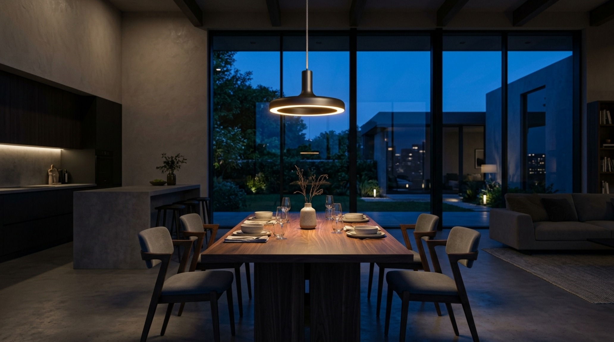 Open floor plan homes lighting guide showing the placement of a sculptural pendant light precisely 32 inches above a dining table.