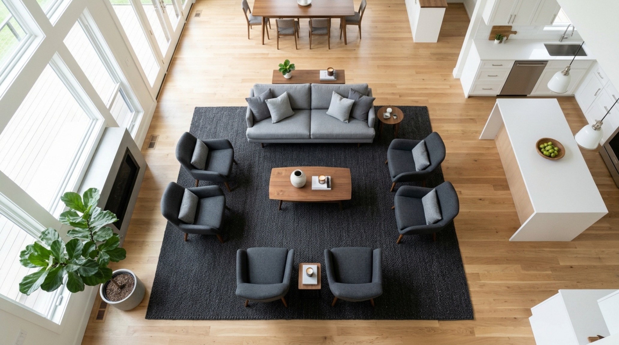 Modern open floor plan homes ideas demonstrating the use of a large-scale wool rug to anchor a primary seating group.