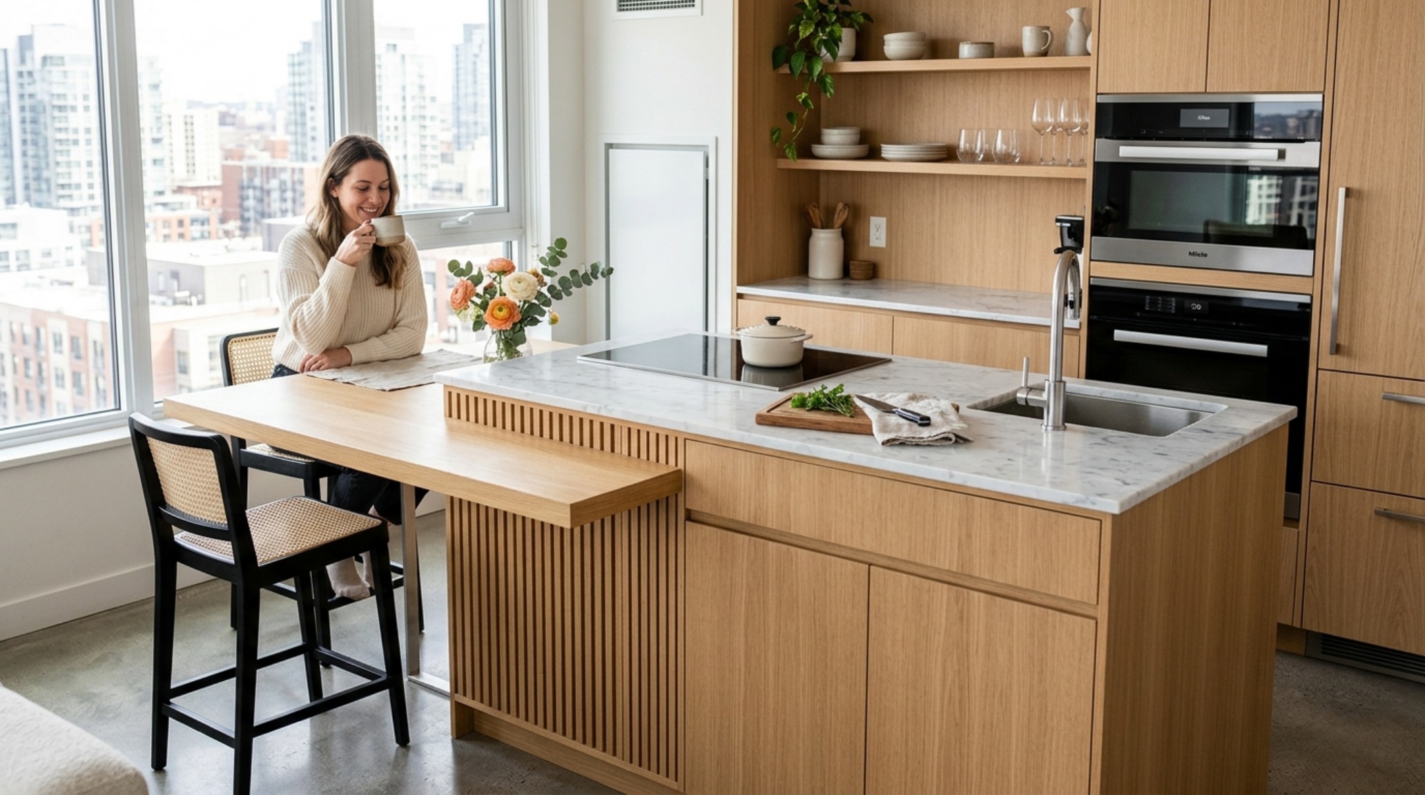 Small space open floor plan homes with clever multi-functional furniture and a light-reflective epoxy floor finish.