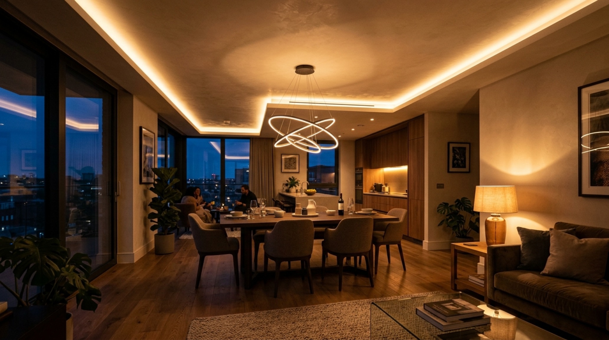 Open floor plan homes lighting guide illustrating the use of 2700K warm ambient lighting and architectural cove LEDs for evening atmosphere.