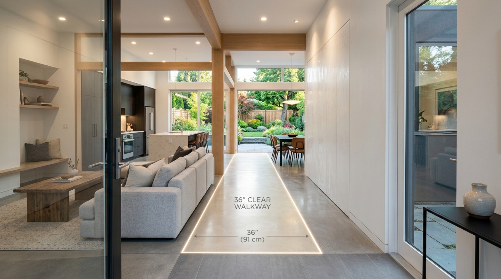 Modern open floor plan homes ideas highlighting clear 36-inch circulation paths and a framed sightline through to a landscaped terrace.