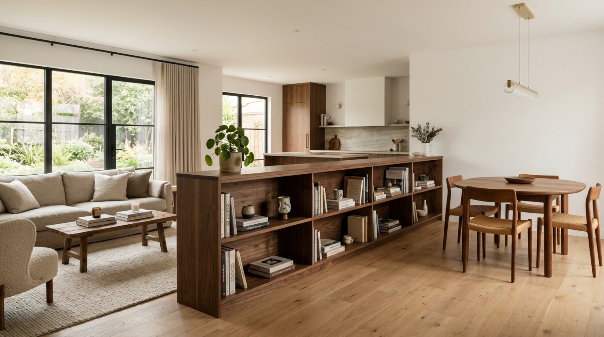 Modern open floor plan homes ideas featuring a custom-built walnut media console that acts as a low-level room divider.