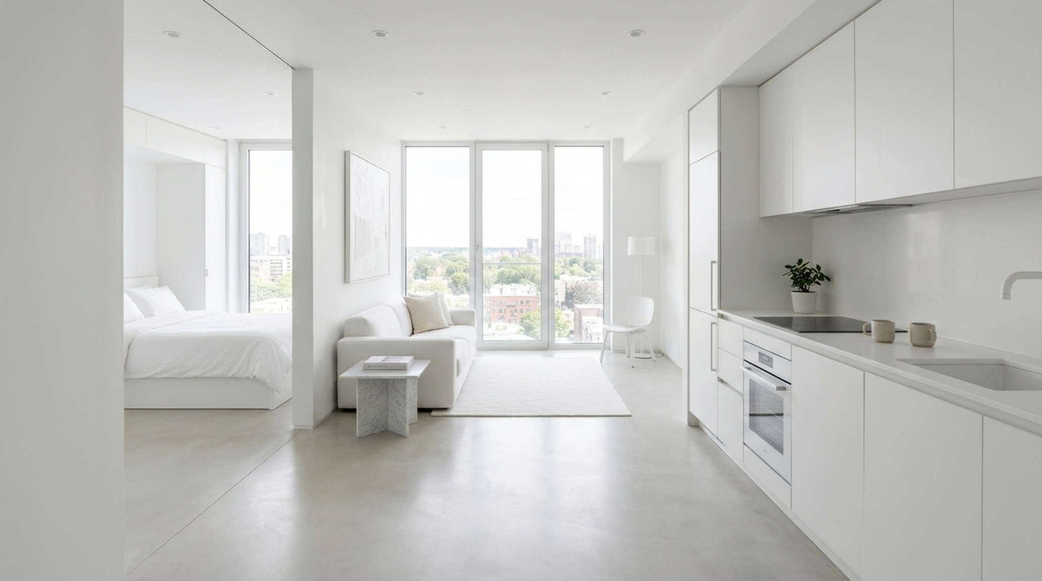 Small space open floor plan homes with a focus on vertical storage solutions and a monochromatic color palette of Benjamin Moore Swiss Coffee.