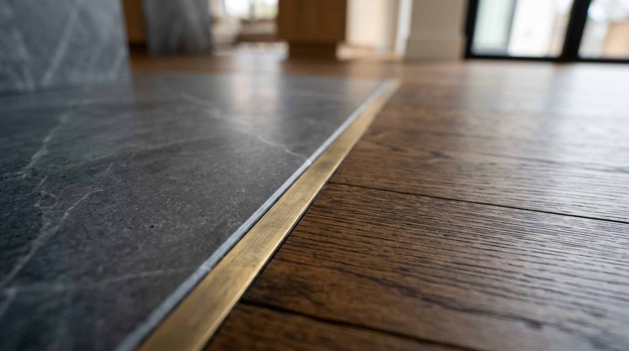 Luxury open floor plan homes textures showcasing a close-up of aged brass hardware against dark stained oak millwork.