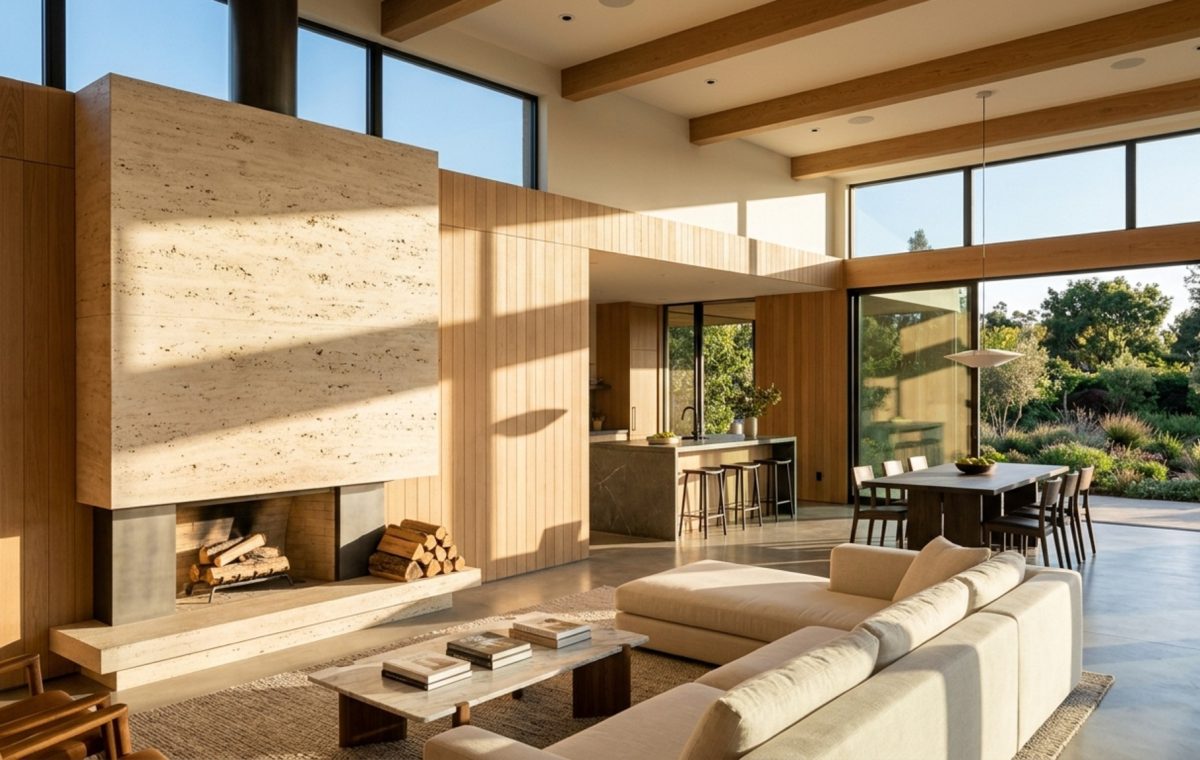 luxury open modern floor plans textures featuring a monolithic honed travertine fireplace and rift-sawn white oak wall paneling in a sun-drenched great room