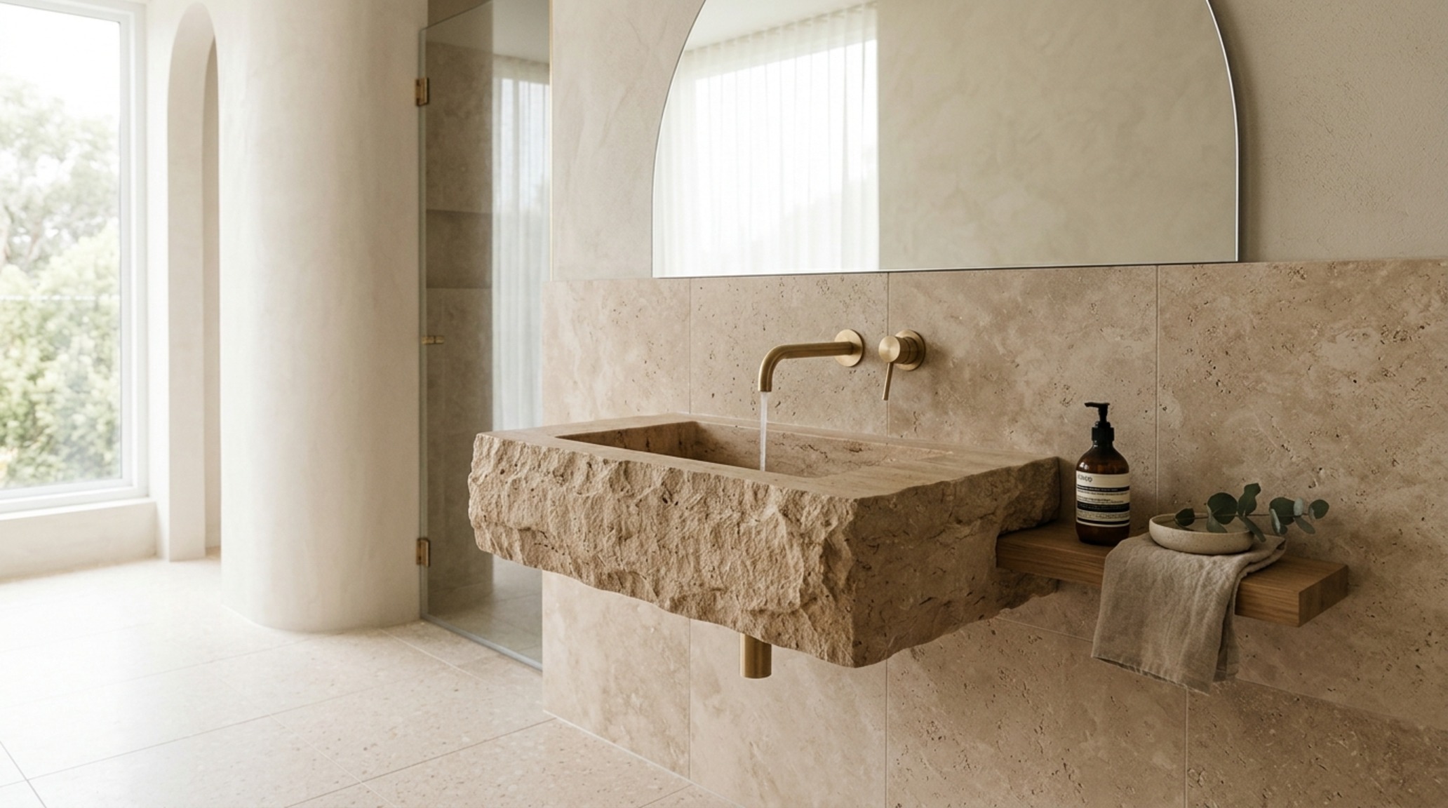 luxury open modern floor plans textures focusing on a custom brass waste fitting and a floating vanity in a minimalist powder room with natural stone finishes