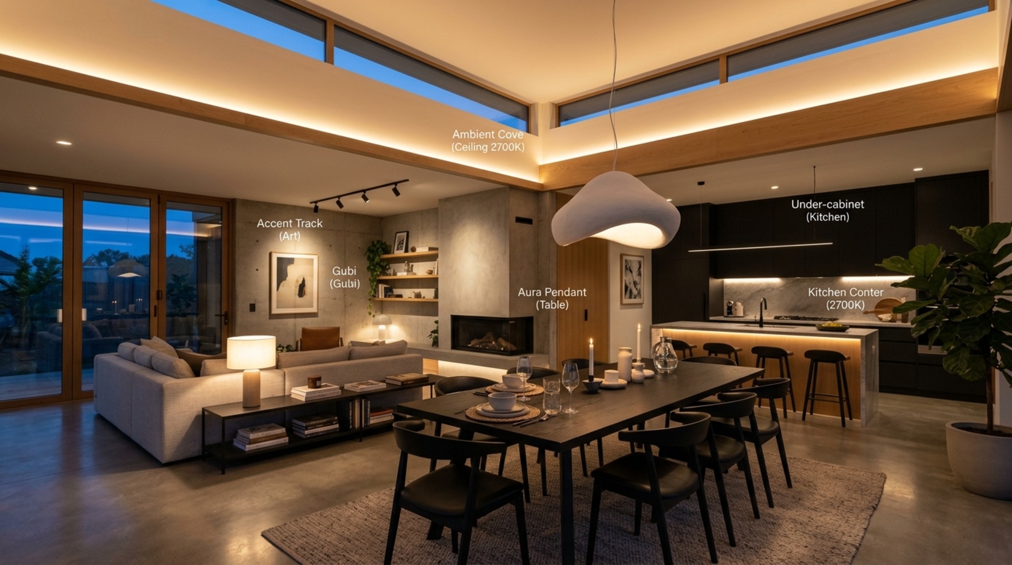 open modern floor plans lighting guide highlighting 2700K warm ambient recessed lighting and a sculptural plaster pendant over a minimal dining table