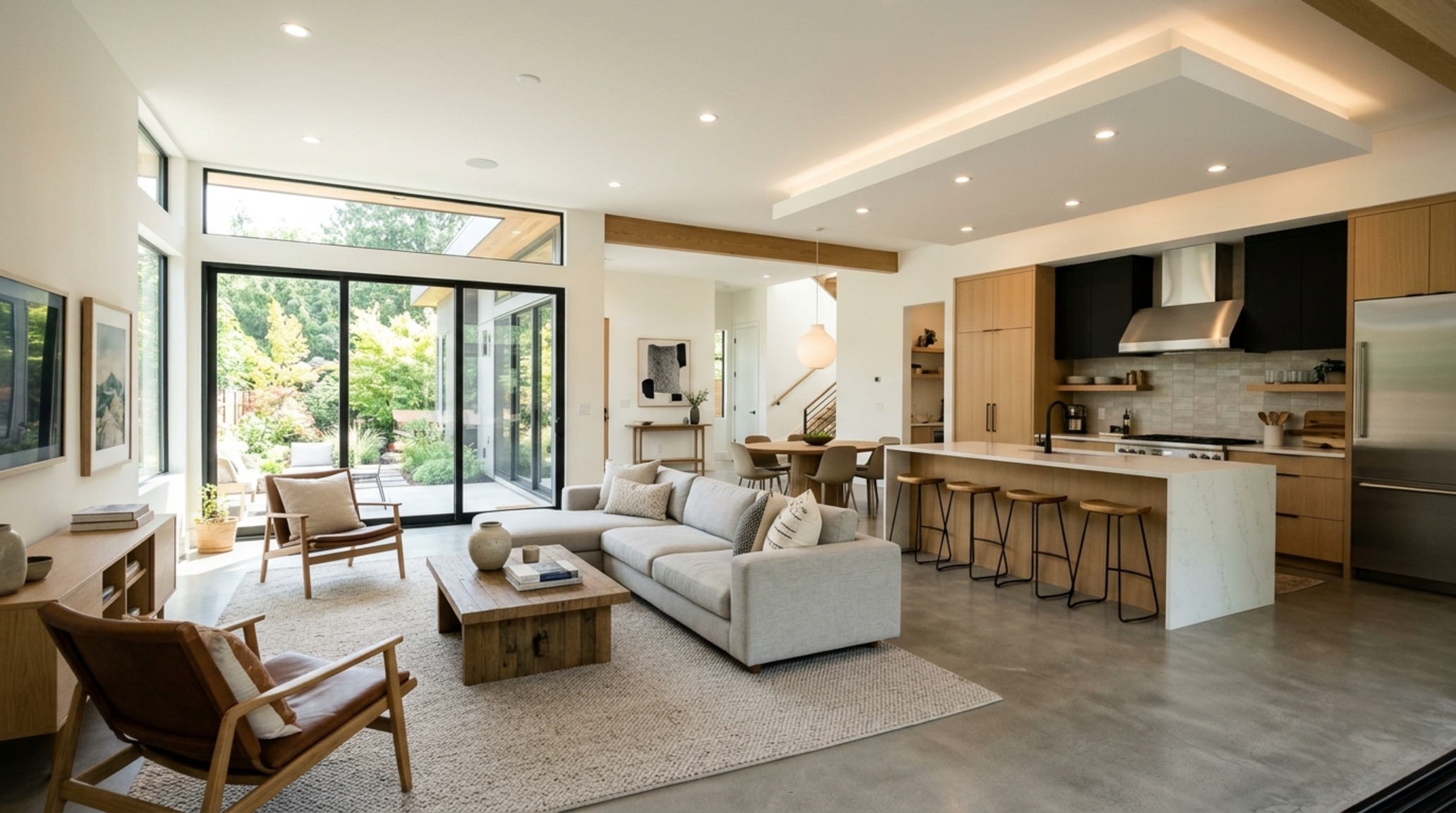 modern open modern floor plans ideas demonstrating zonal definition through a large hand-knotted wool rug and a subtle ceiling soffit height change