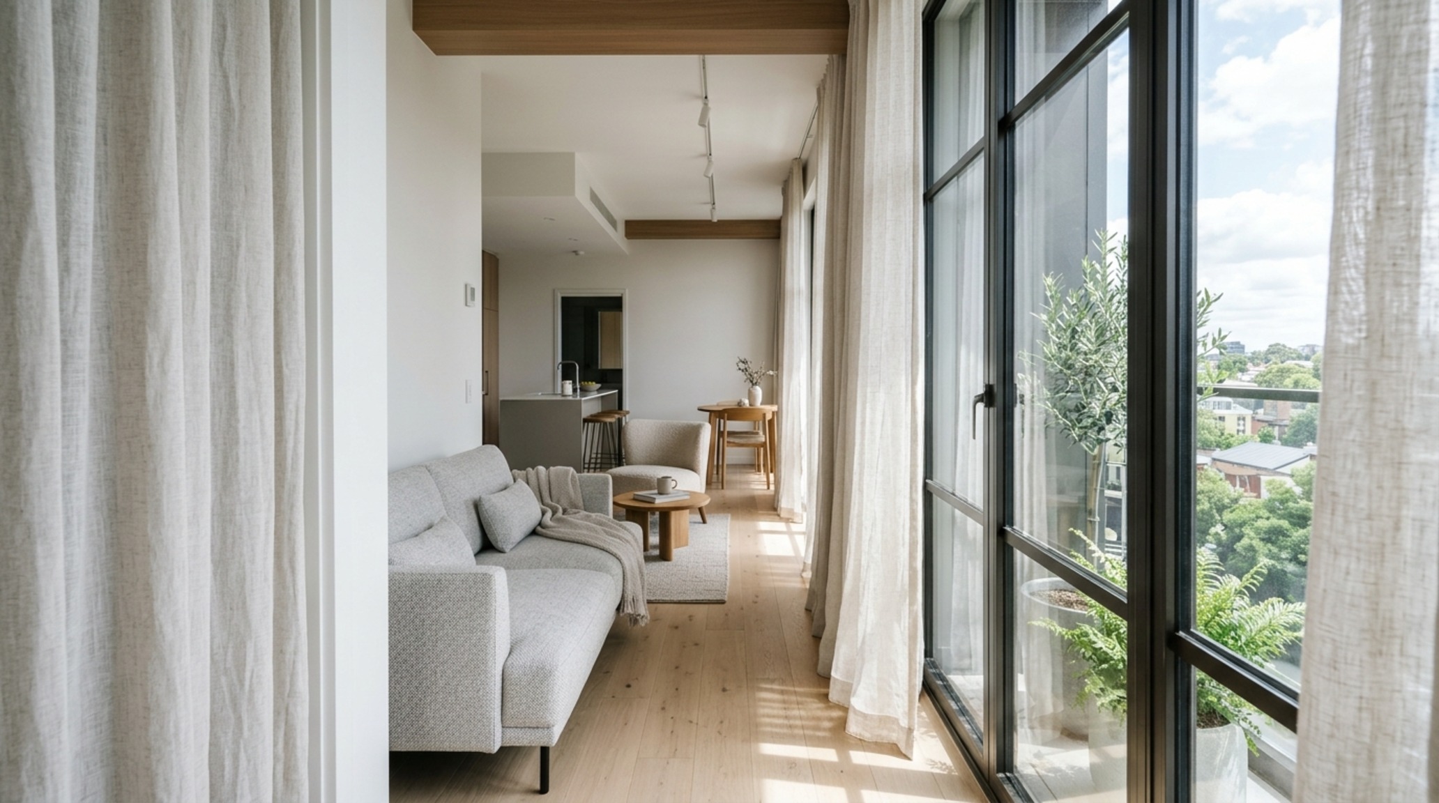 small space open modern floor plans with floor-to-ceiling linen drapery in Benjamin Moore Swiss Coffee and a 36-inch clear circulation path