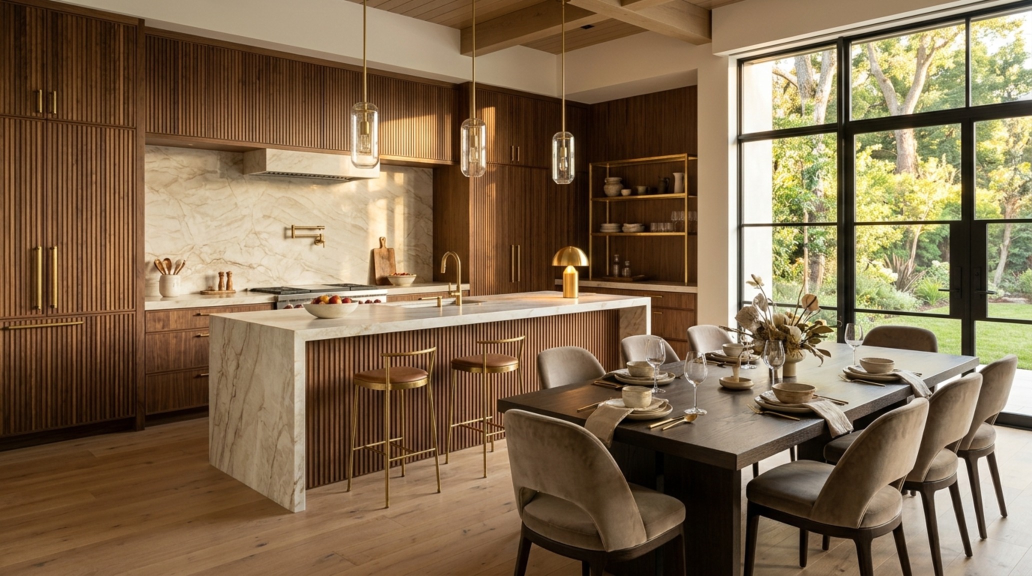 luxury open modern floor plans textures showcasing the tactile contrast between fluted walnut joinery and smooth leathered quartzite countertops