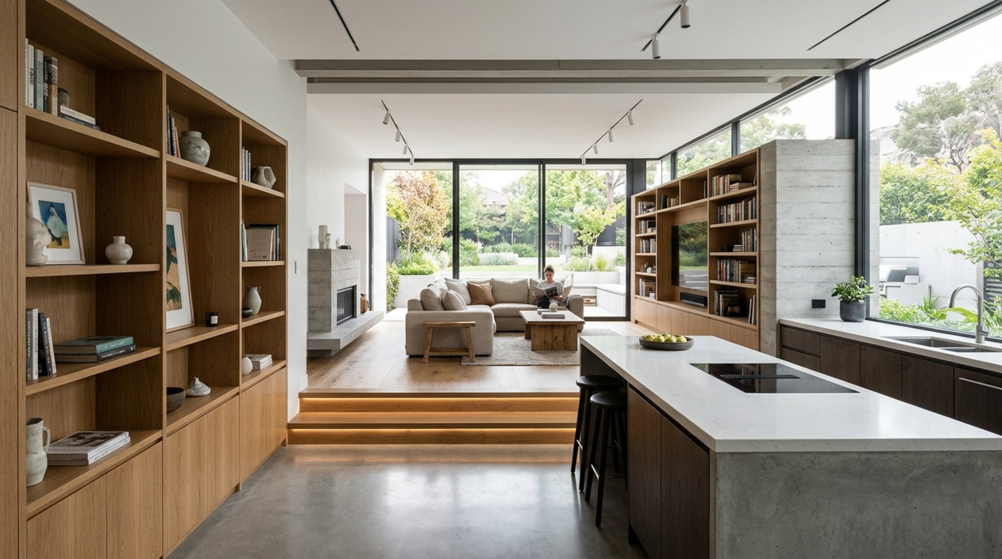 modern open modern floor plans ideas featuring a sunken living room transition with built-in library shelving and architectural sightline alignment