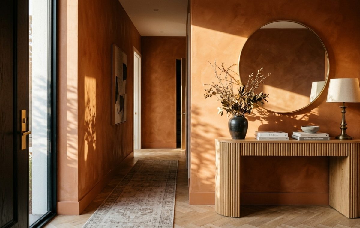 Sophisticated entryway featuring burnt orange limewash walls, a fluted oak console, and a clear 36-inch primary circulation path under soft natural light.