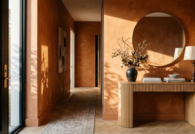 Sophisticated entryway featuring burnt orange limewash walls, a fluted oak console, and a clear 36-inch primary circulation path under soft natural light.