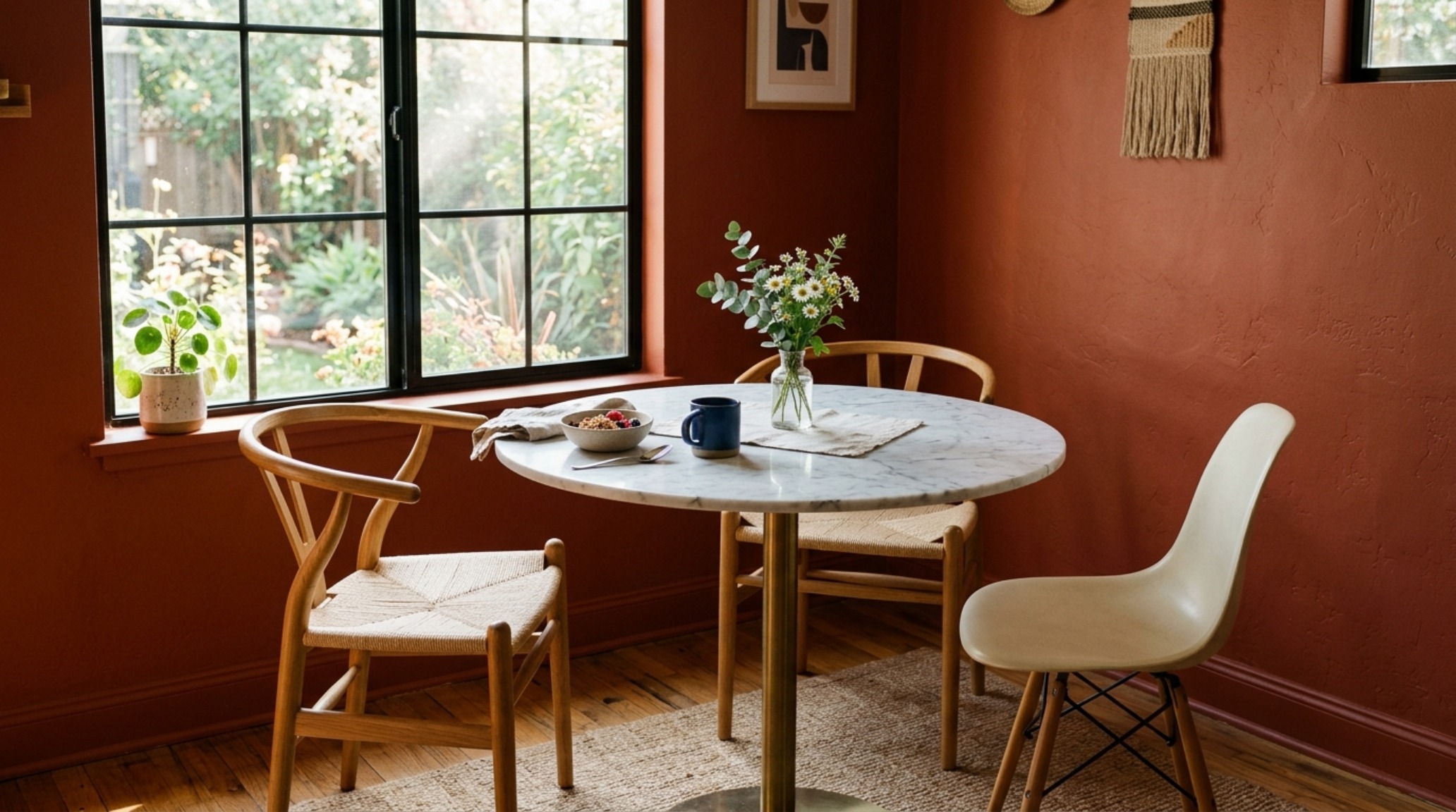 Sun-drenched breakfast nook with terracotta paint, highlighting the 30-inch clearance around a circular marble table and mid-century modern chairs.