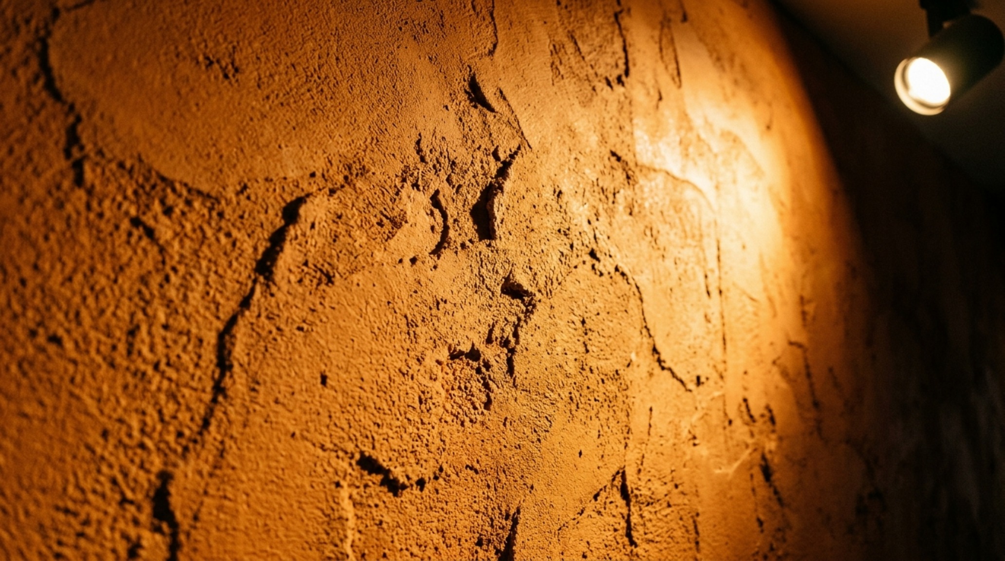 Macro shot of textured orange limewash paint reflecting warm 2700K light, emphasizing the depth and architectural quality of the finish.