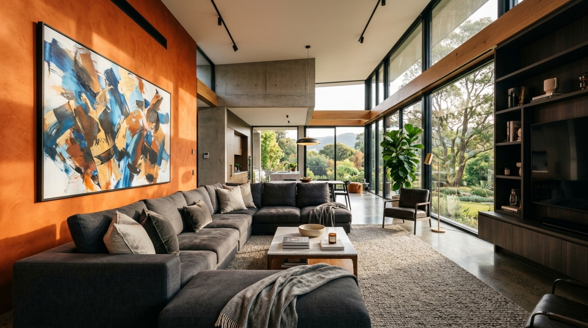 High-contrast living area featuring an orange feature wall paired with charcoal grey accents and a large-scale architectural window.