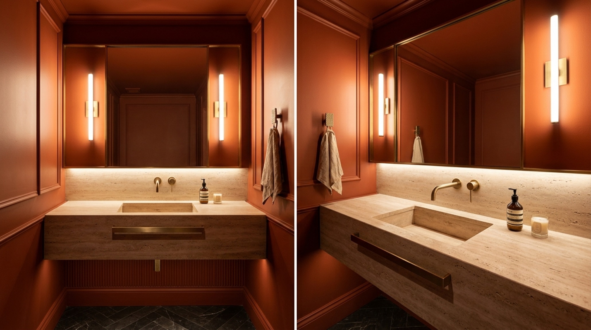 Powder room with a deep persimmon color drench, seamless architectural lines, and a floating travertine vanity under high-CRI vanity lighting.