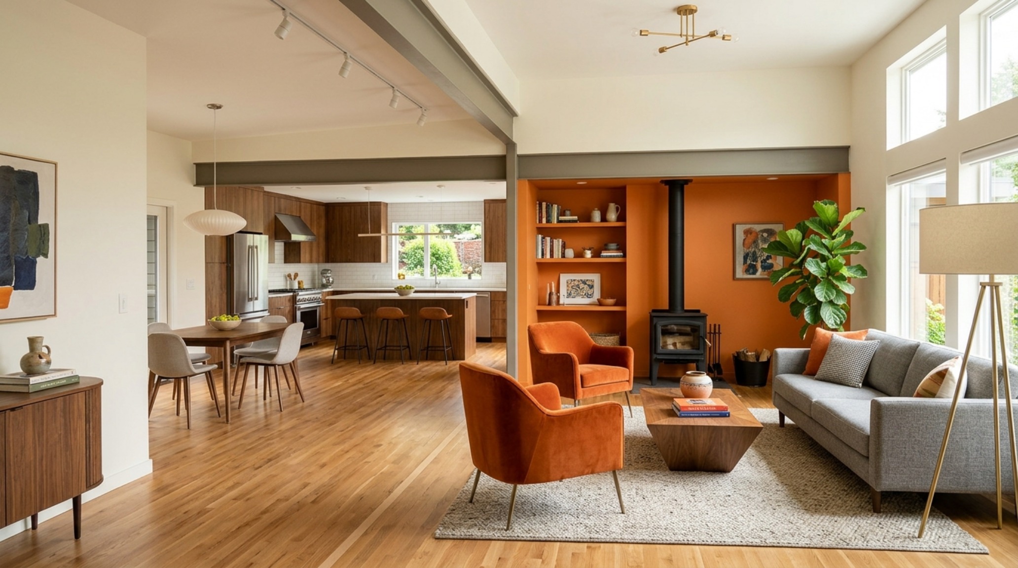 Editorial view of an open-plan living space where orange paint decor ideas define the layout zones through strategic color blocking and sightline alignment.