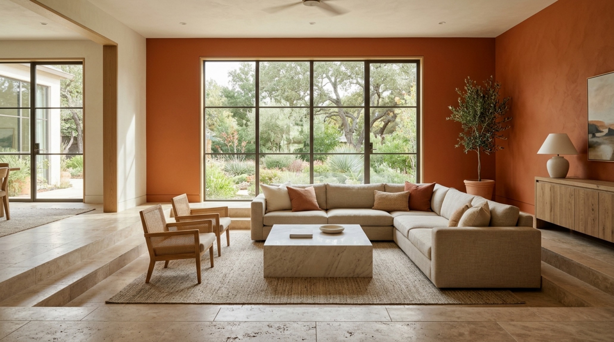 Modern living room with Benjamin Moore Adobe Orange accent wall, honed travertine floors, and a 18-inch coffee table reach from a low-profile linen sofa.