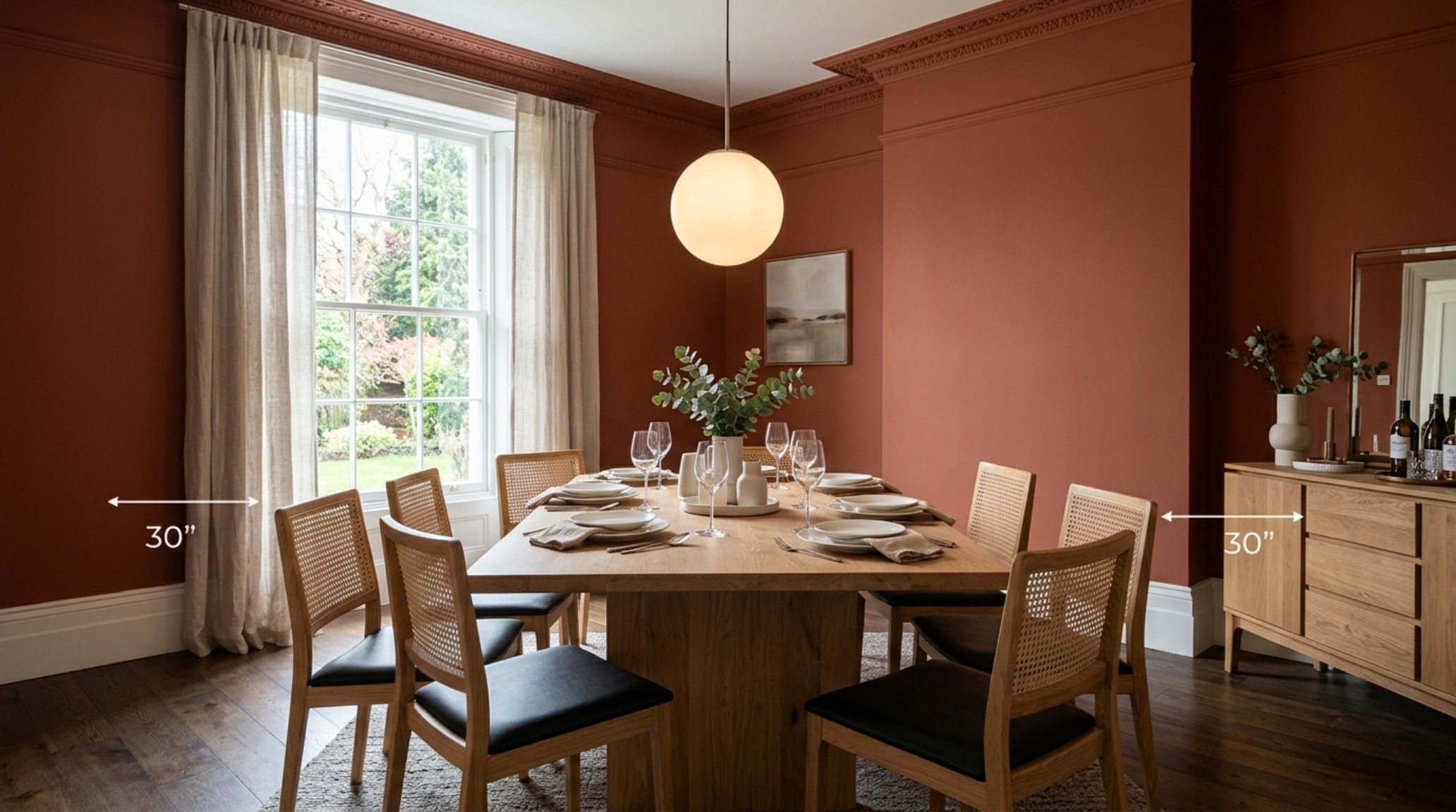 Luxury dining room with Farrow and Ball Red Earth walls, minimalist oak table, 30-inch dining chair clearance, and 3000K warm globe pendant lighting.