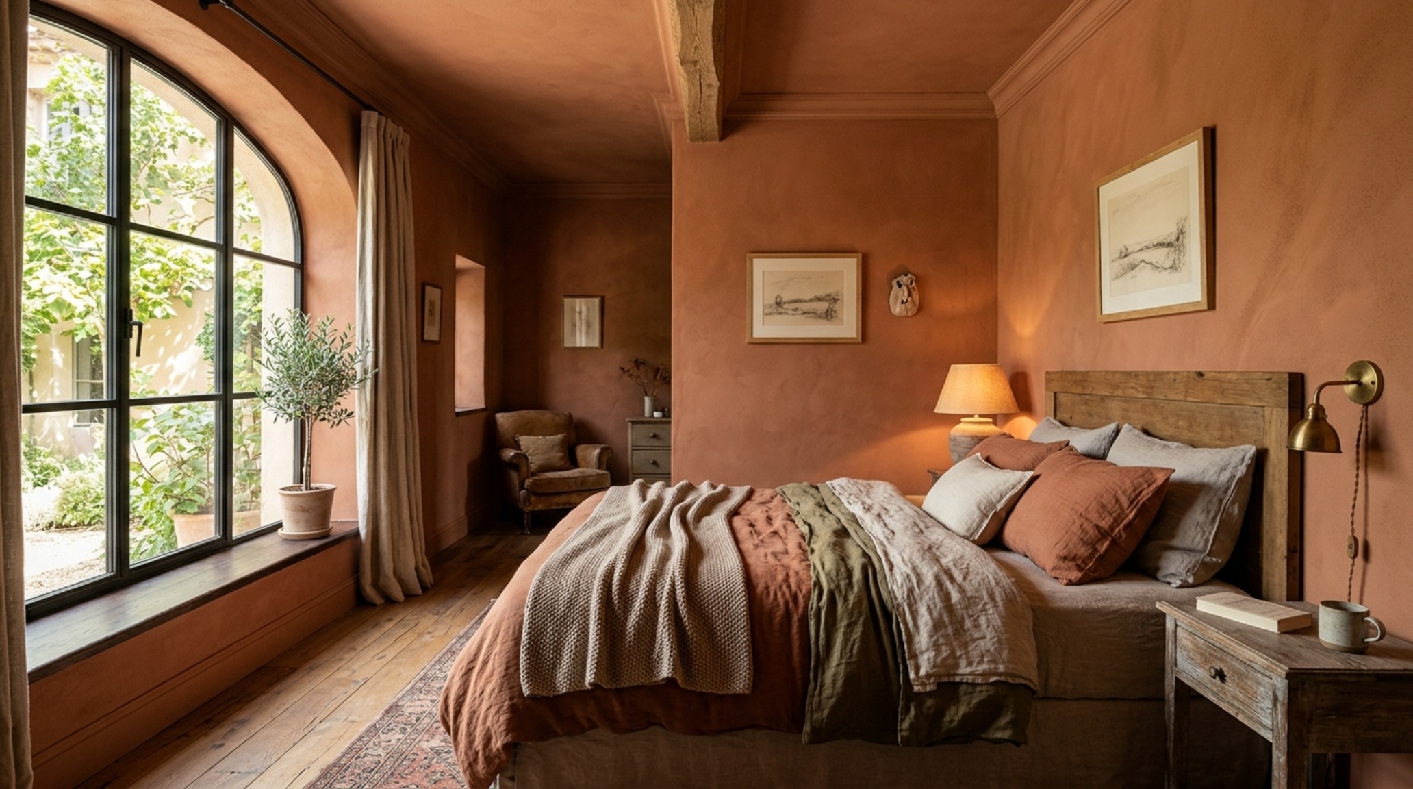 Cozy master bedroom corner using color-drenched terracotta paint to blur architectural boundaries, featuring textured linen bedding and soft 2700K ambient glow.