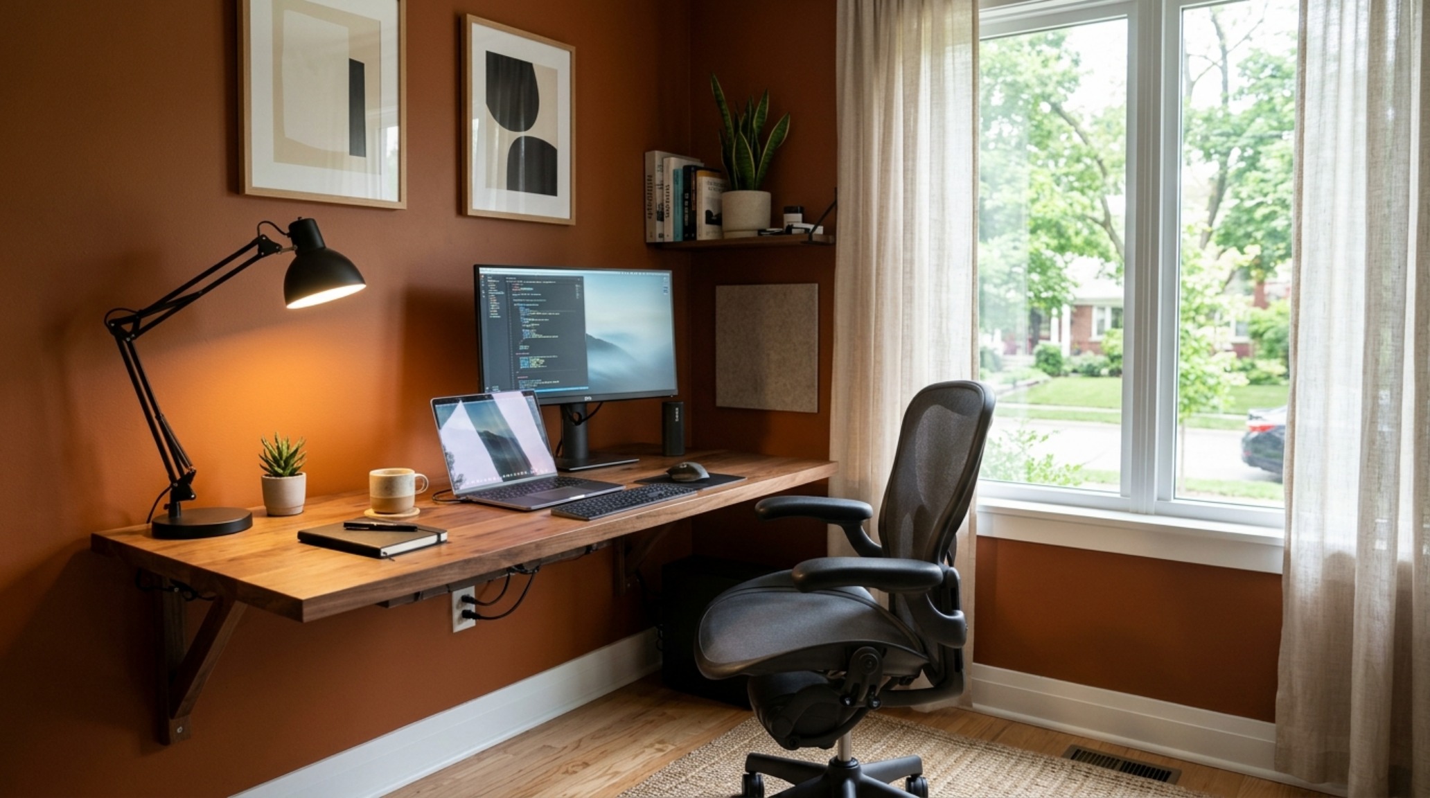 Minimalist workspace with burnt ochre walls, a floating wood desk, and precise ergonomics for a productive and sophisticated small space environment.