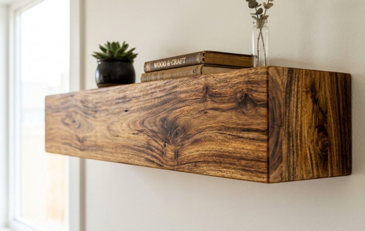 Macro architectural photography of a 1.5-inch thick Acacia wood floating shelf showing detailed grain and warm texture against a matte Sherwin-Williams Alabaster wall.