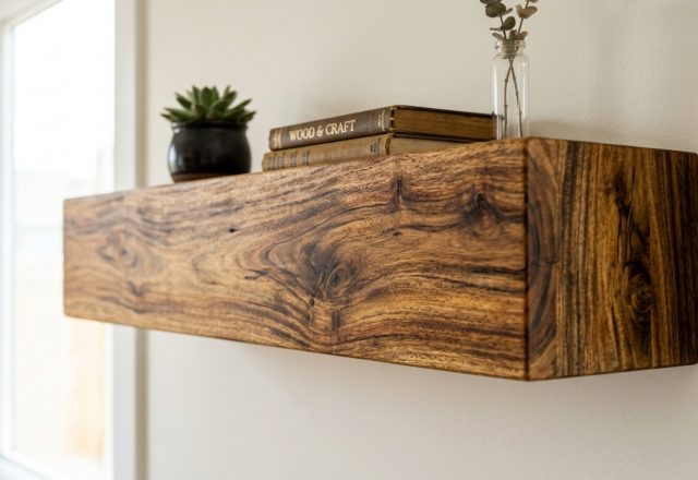 Macro architectural photography of a 1.5-inch thick Acacia wood floating shelf showing detailed grain and warm texture against a matte Sherwin-Williams Alabaster wall.