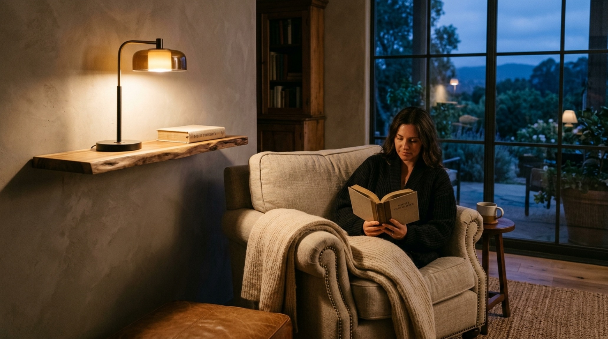 Evening mood shot of a reading nook with a warm 2700K glow reflecting off floating wood shelves and a soft linen lounge chair.