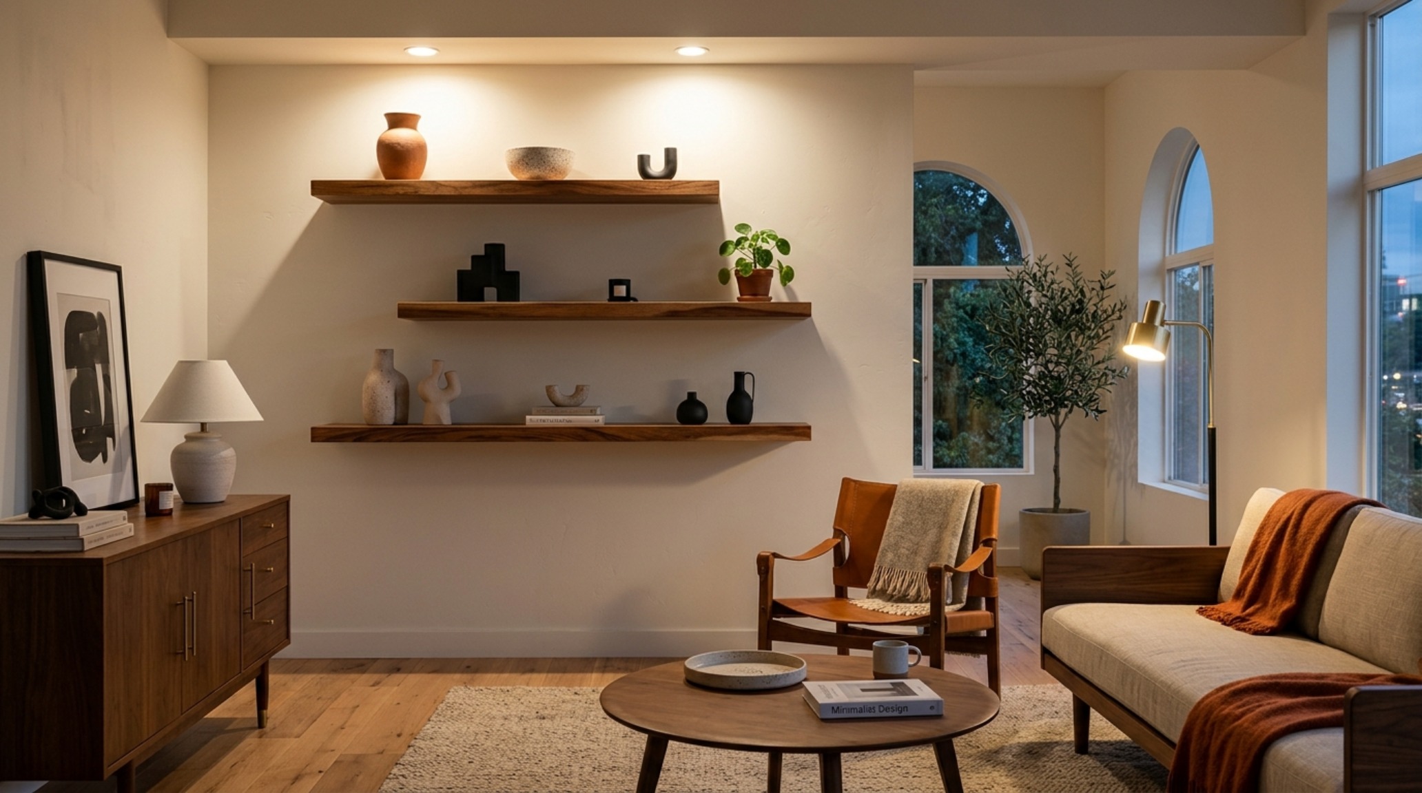 Wide-angle shot of a minimalist living room featuring asymmetrical floating shelves styled with neutral ceramics and illuminated by a 2700K warm glow.