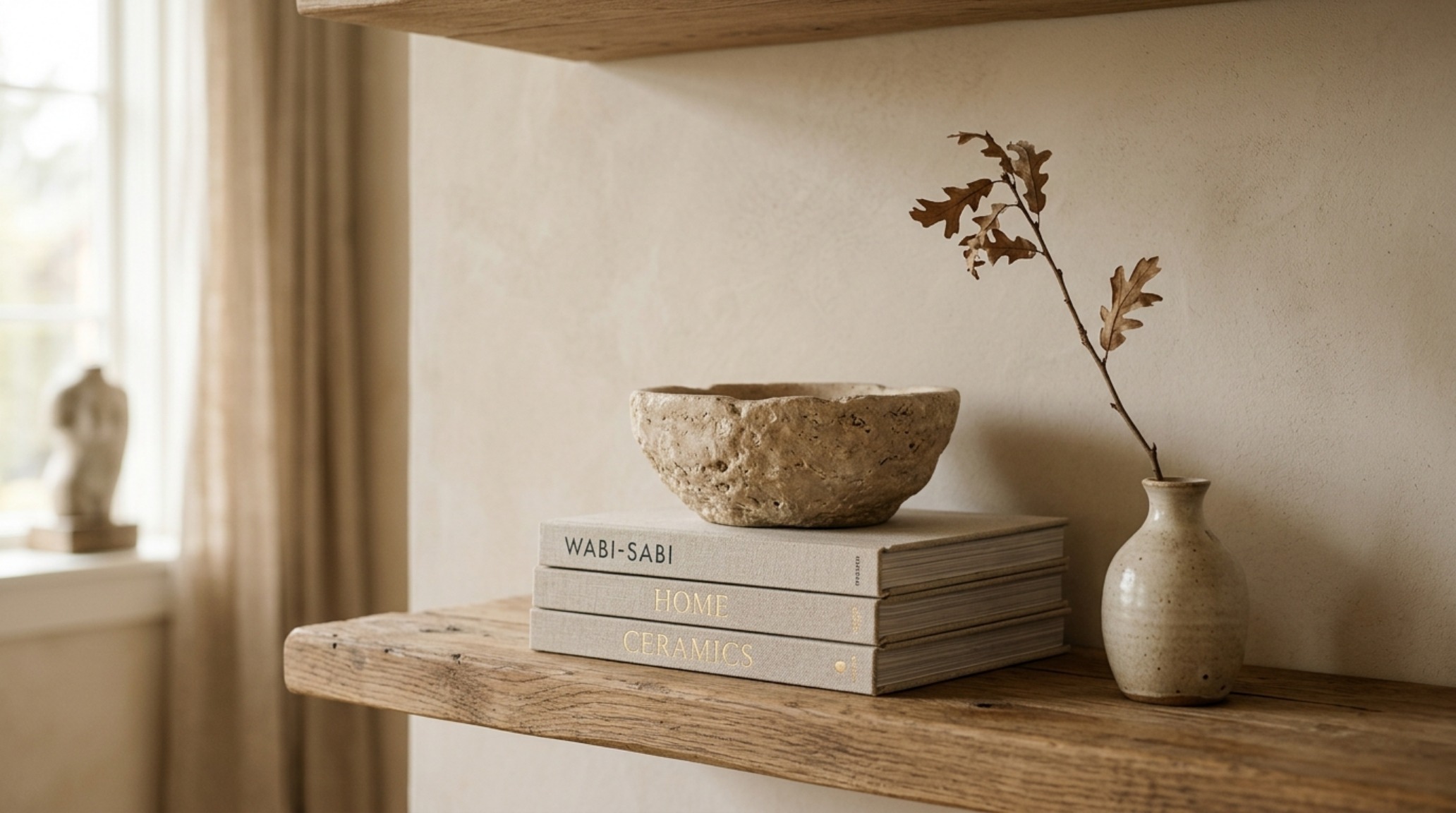 Detailed editorial shot of modern minimalist shelf decor featuring a honed travertine vase and linen-bound books on a solid wood shelf with negative space.