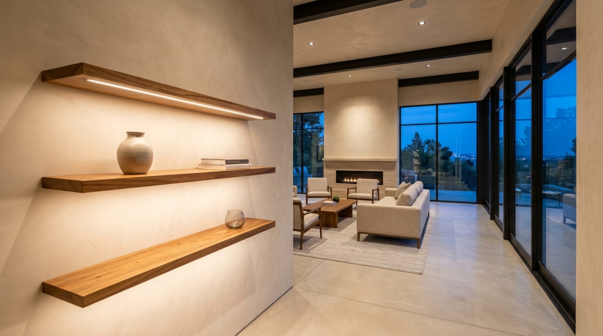 Architectural perspective of living room floating shelves ideas showing 36-inch walkway clearance and integrated warm LED downlighting.