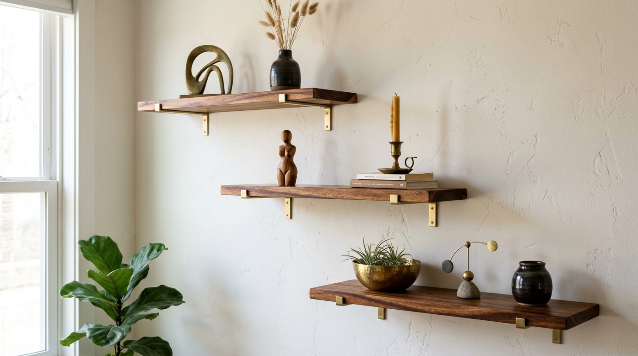 A trio of staggered Acacia wood floating shelves on a Benjamin Moore White Dove wall, featuring curated brass objects and organic textures.
