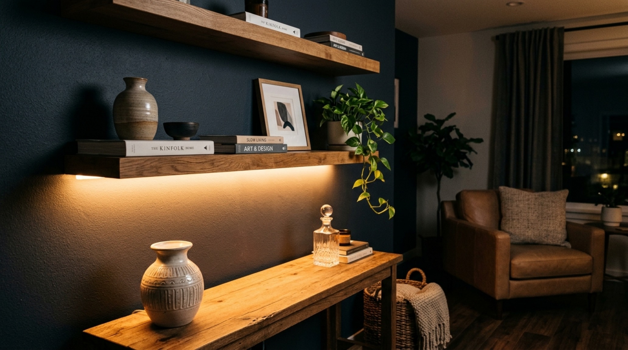 Close-up of high-CRI 2700K LED lighting washing over the natural grain of a solid wood floating shelf in a contemporary study.