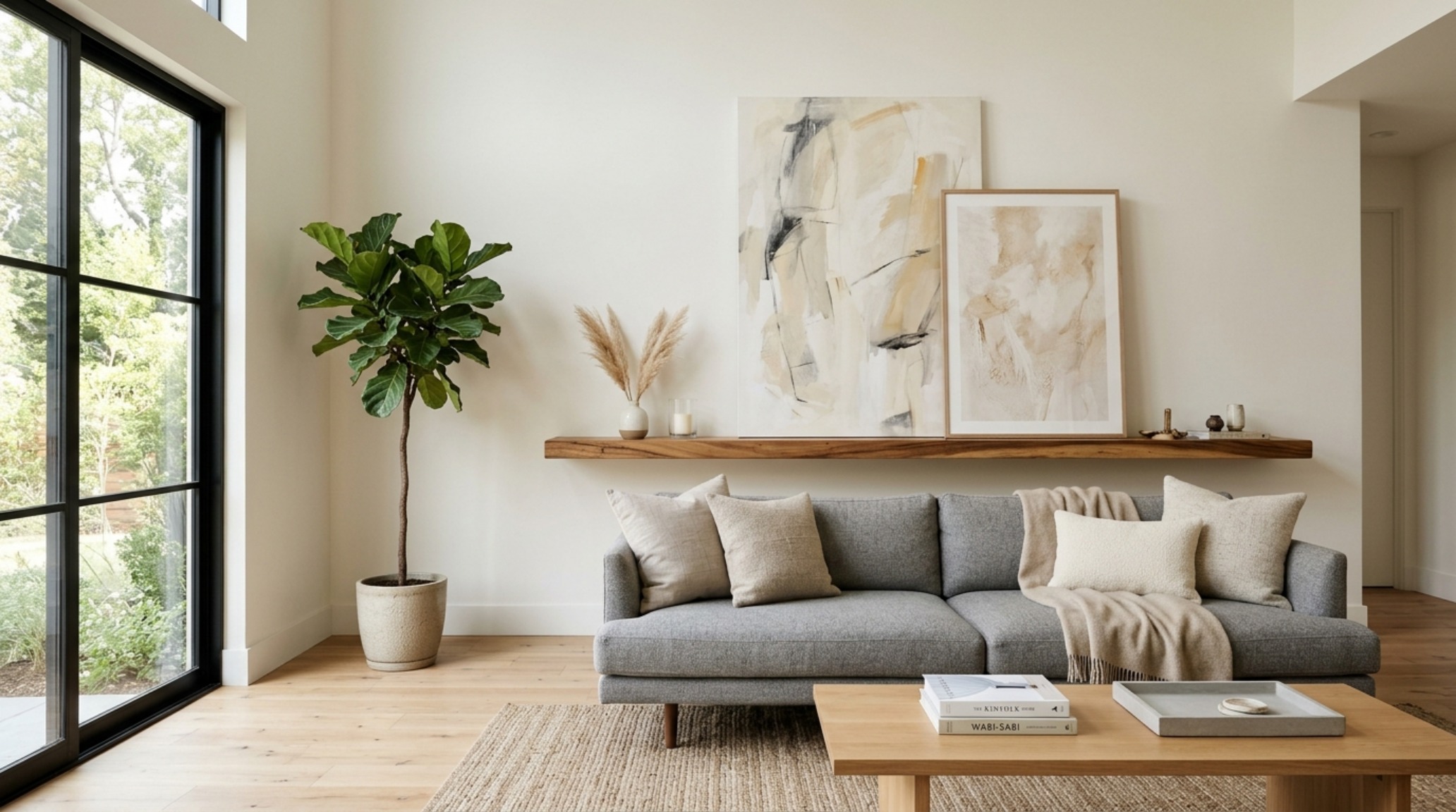Minimalist apartment storage solution featuring a long Acacia floating shelf serving as a mantel above a sleek charcoal grey media console.