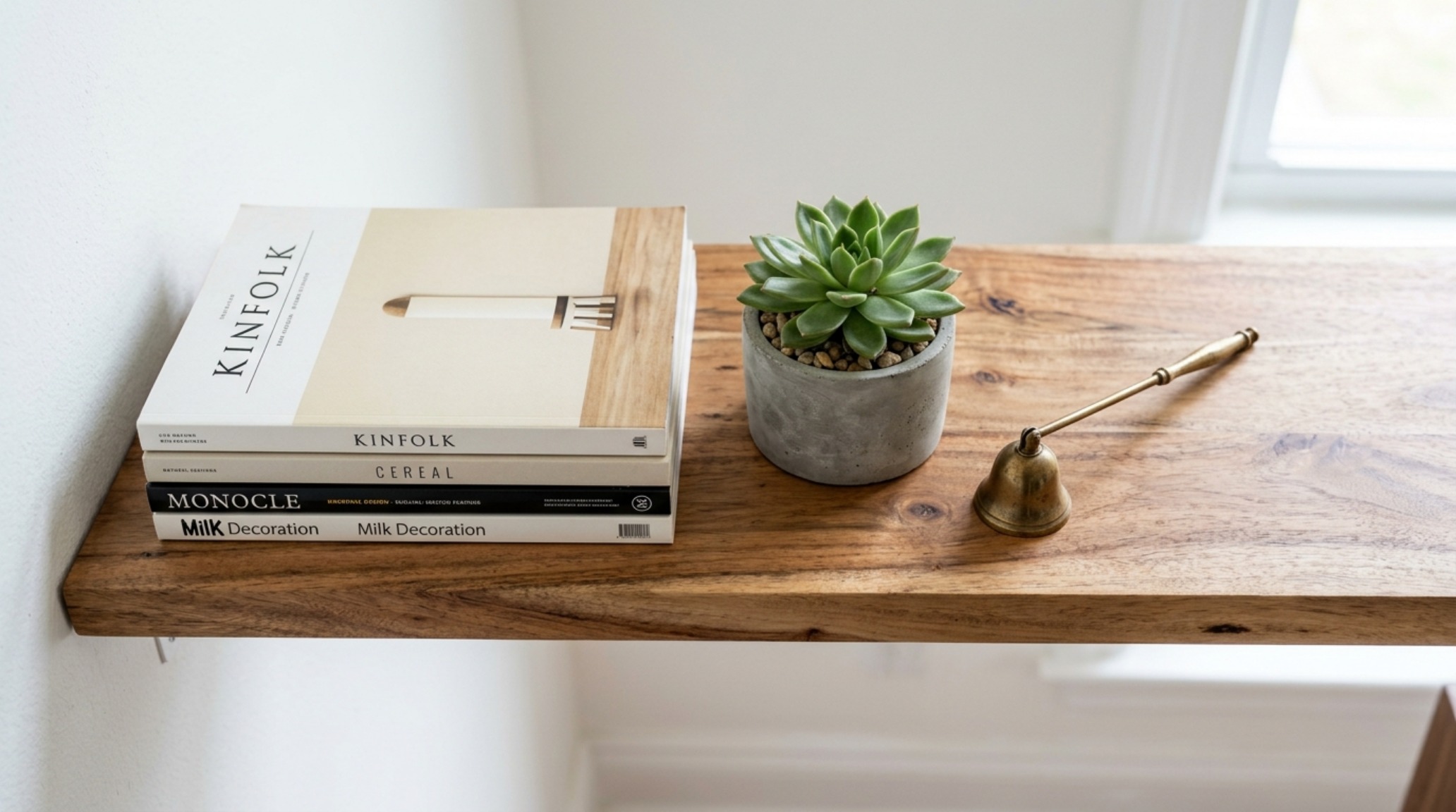 Styling inspiration for solid wood floating shelves using a mix of vertical ceramic vessels and horizontal book stacks for visual rhythm.