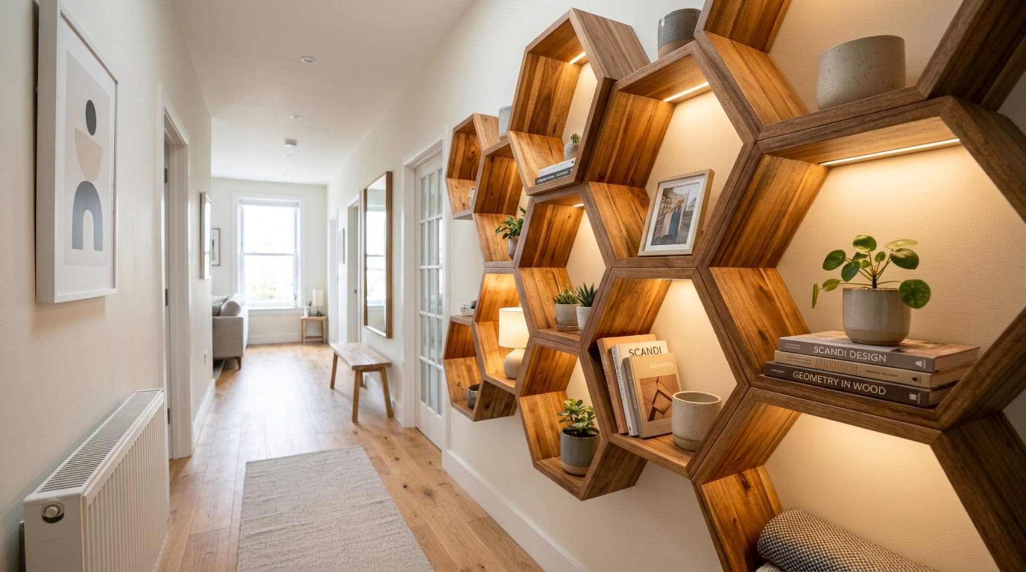 Low-angle architectural shot highlighting the thickness and structural integrity of FSC-certified Acacia shelving in a high-end residential interior.
