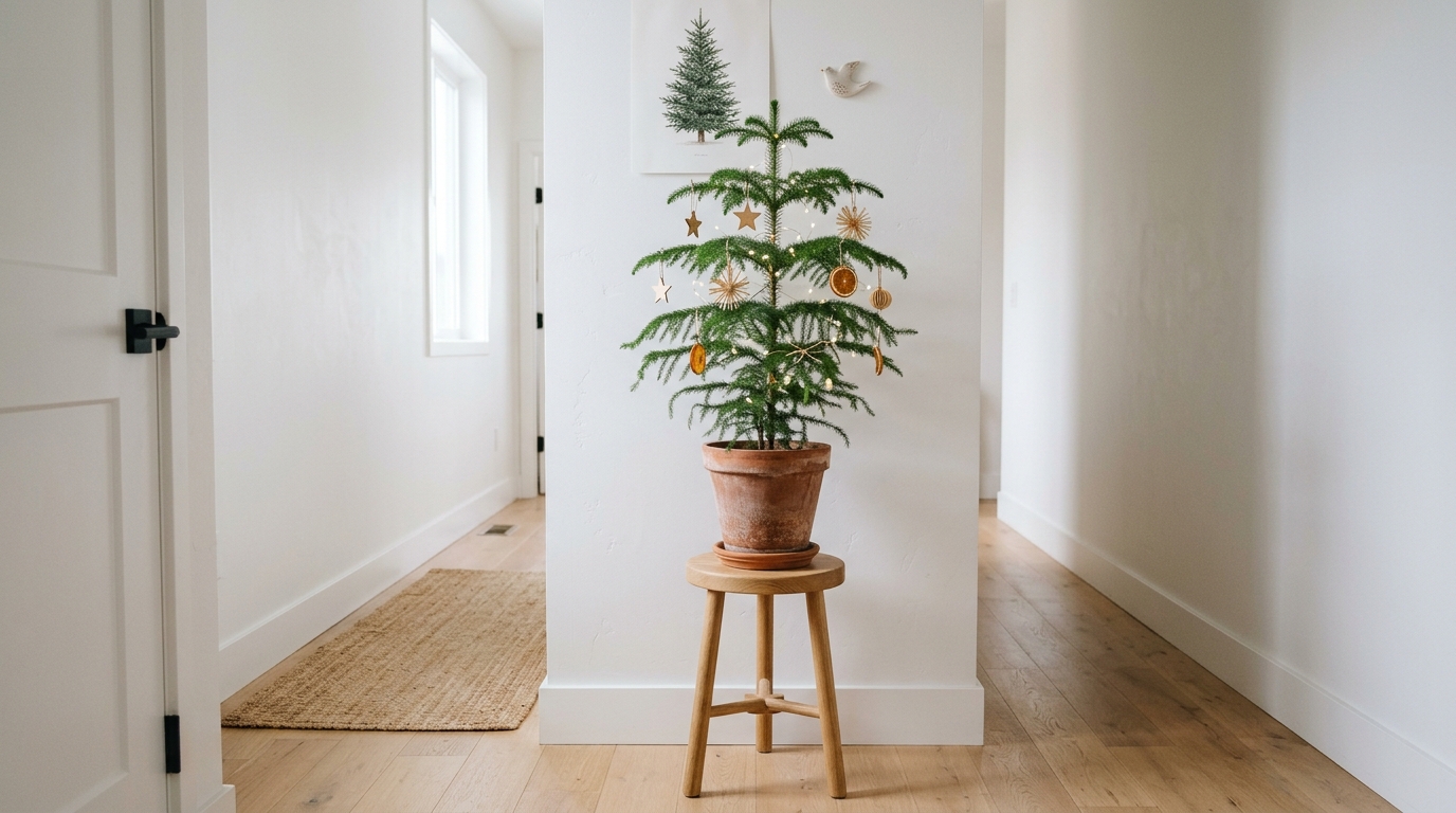 A slim Norfolk Island Pine in a heavy stoneware pot placed on a minimalist wooden stool in a compact apartment entry.