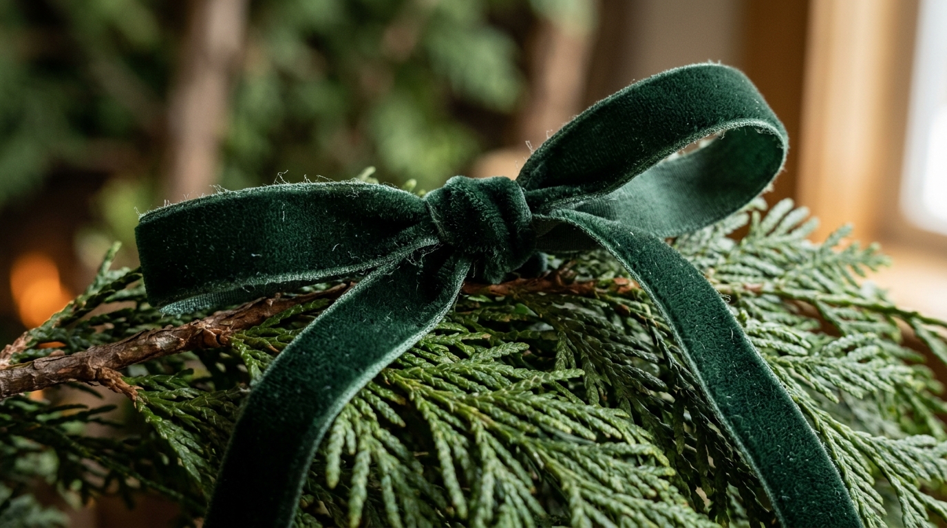 Close-up of a velvet ribbon tied in a loose bow around a sprig of cedar, highlighting the 'Quiet Luxury' approach to holiday ornaments.