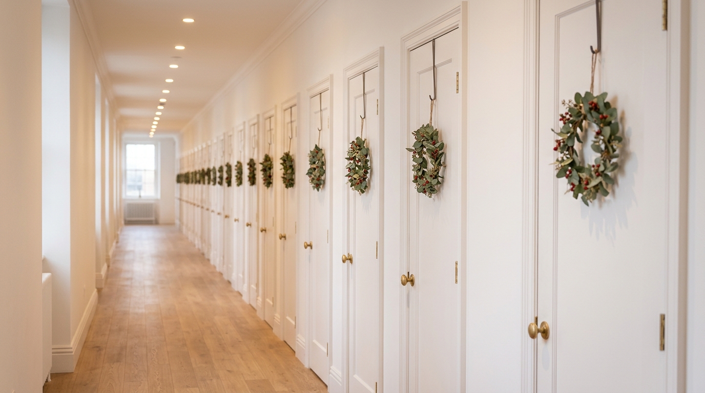 Linear perspective of a long, narrow hallway with a series of small, uniform wreaths hung on each door for a rhythmic holiday layout.