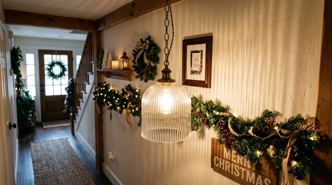 Detail of a fluted glass pendant light casting soft shadows on a festive hallway arrangement of magnolia leaves and brass accents.