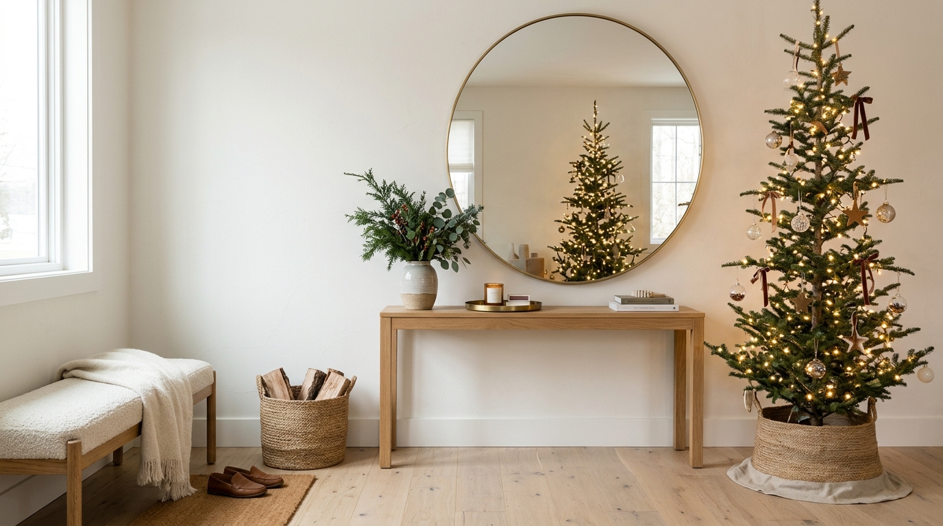 Minimalist holiday entryway with a large circular mirror reflecting a slim, sparsely decorated Christmas tree.