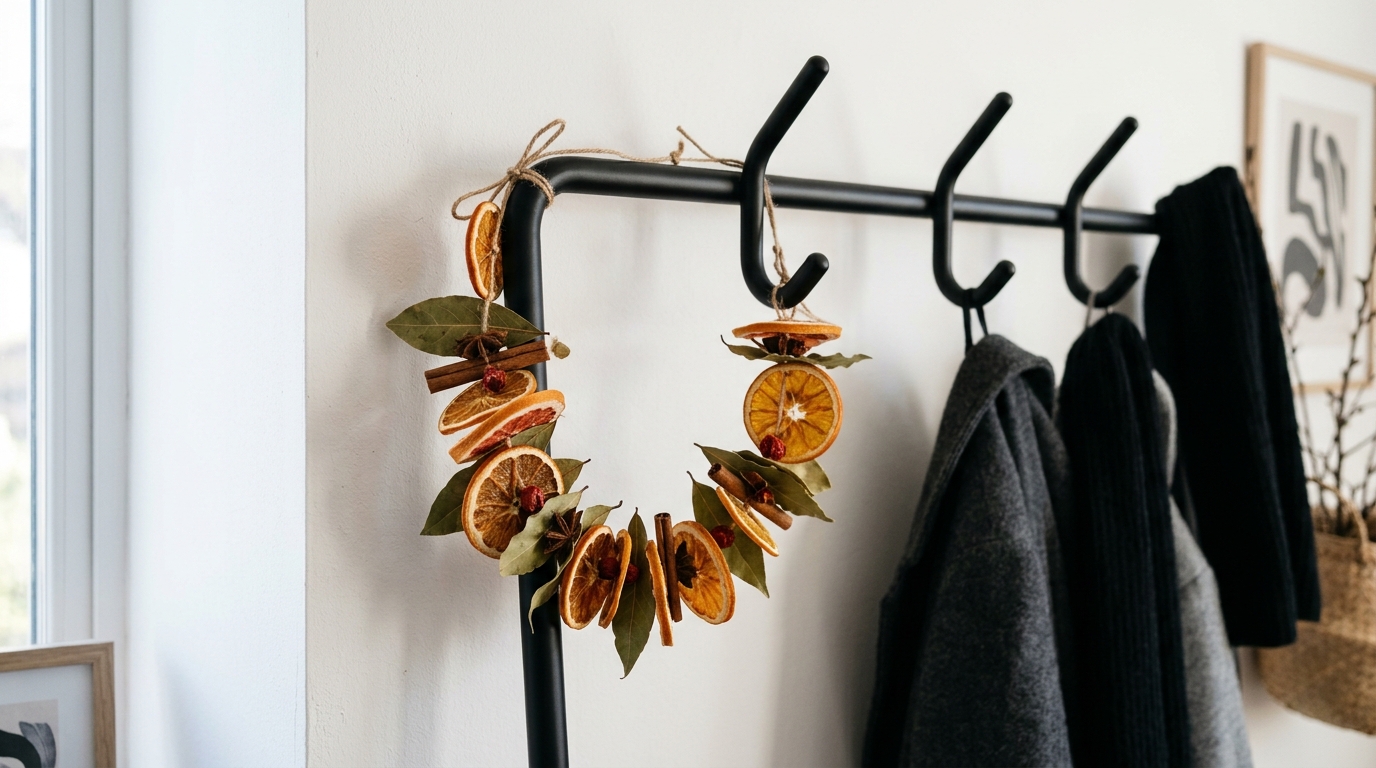 Focus on a hand-strung dried citrus garland draped over a modern black metal coat rack in an urban hallway.