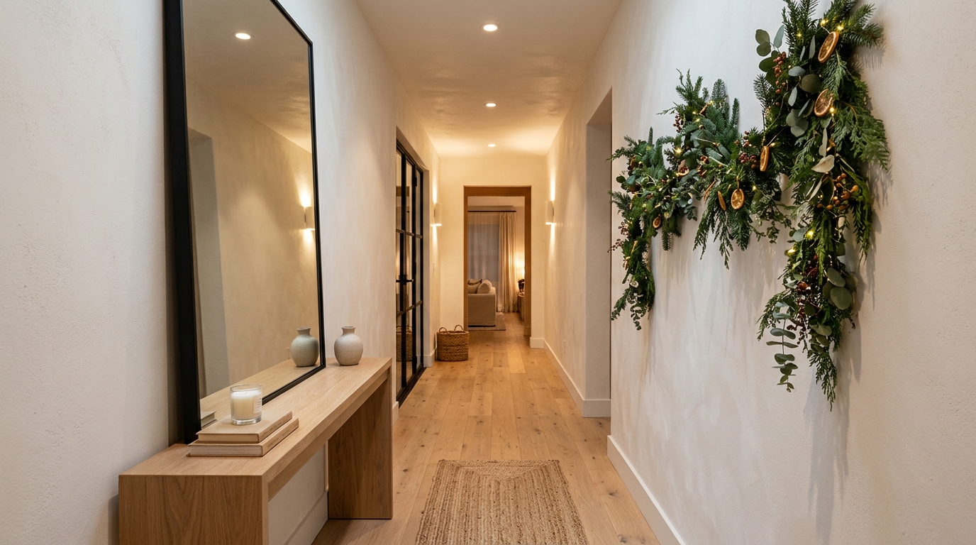 Architectural view of a small hallway layout showing a 36-inch clear walkway, a tall slim mirror, and festive wall-mounted decor in an Organic Modern style.