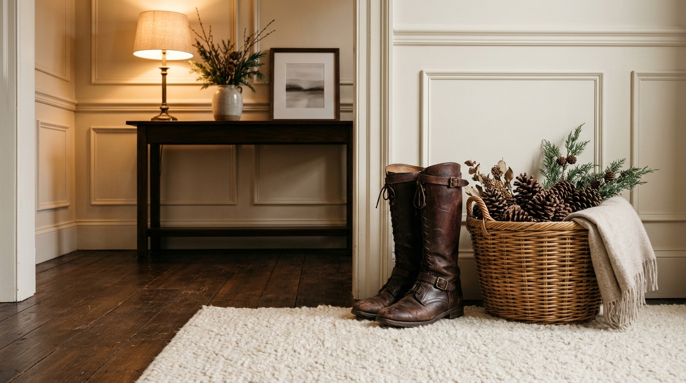 A pair of vintage leather boots and a woven basket filled with pinecones, showing authentic 'Quiet Luxury' entry styling.